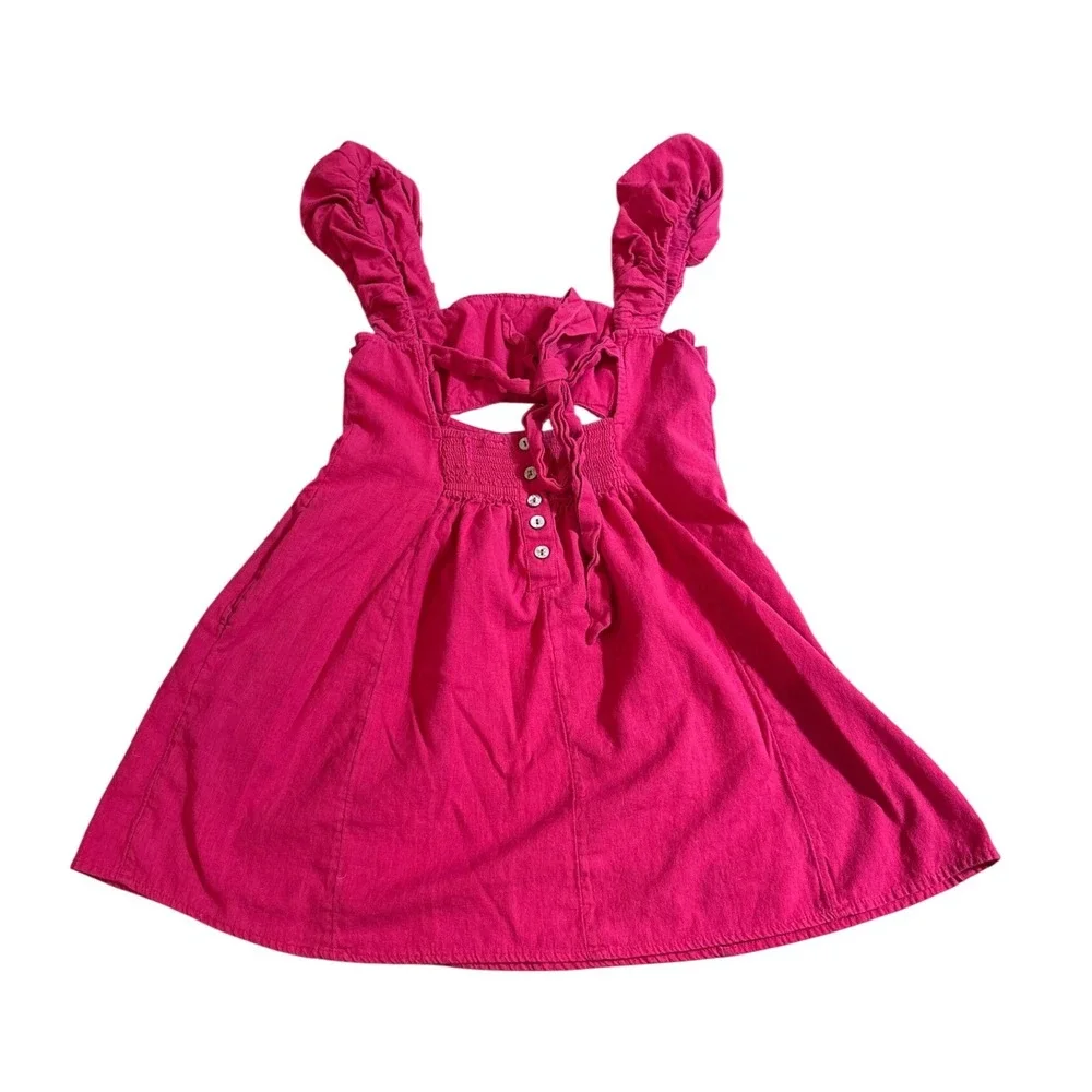 Free People Mini Dress Women Pink Boho‎ Cutout Ruffle Strap Cotton Linen SIZE S